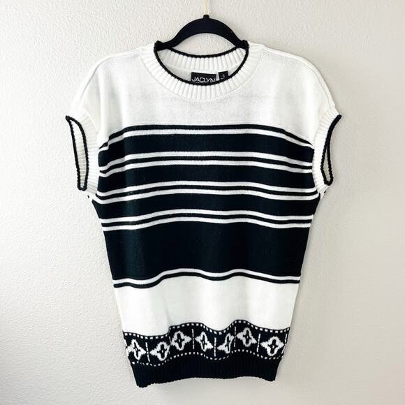 Vintage Jaclyn Sport Knit Sweater Black & White Geometric Stripe USA Made Small - Picture 2 of 6